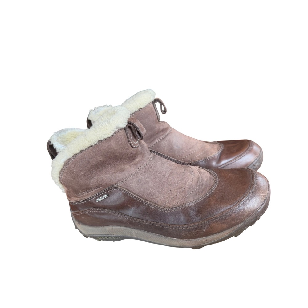 Merrell Sulis Coffee Waterproof Leather Faux Fur Ankle Boots Womens 7.5